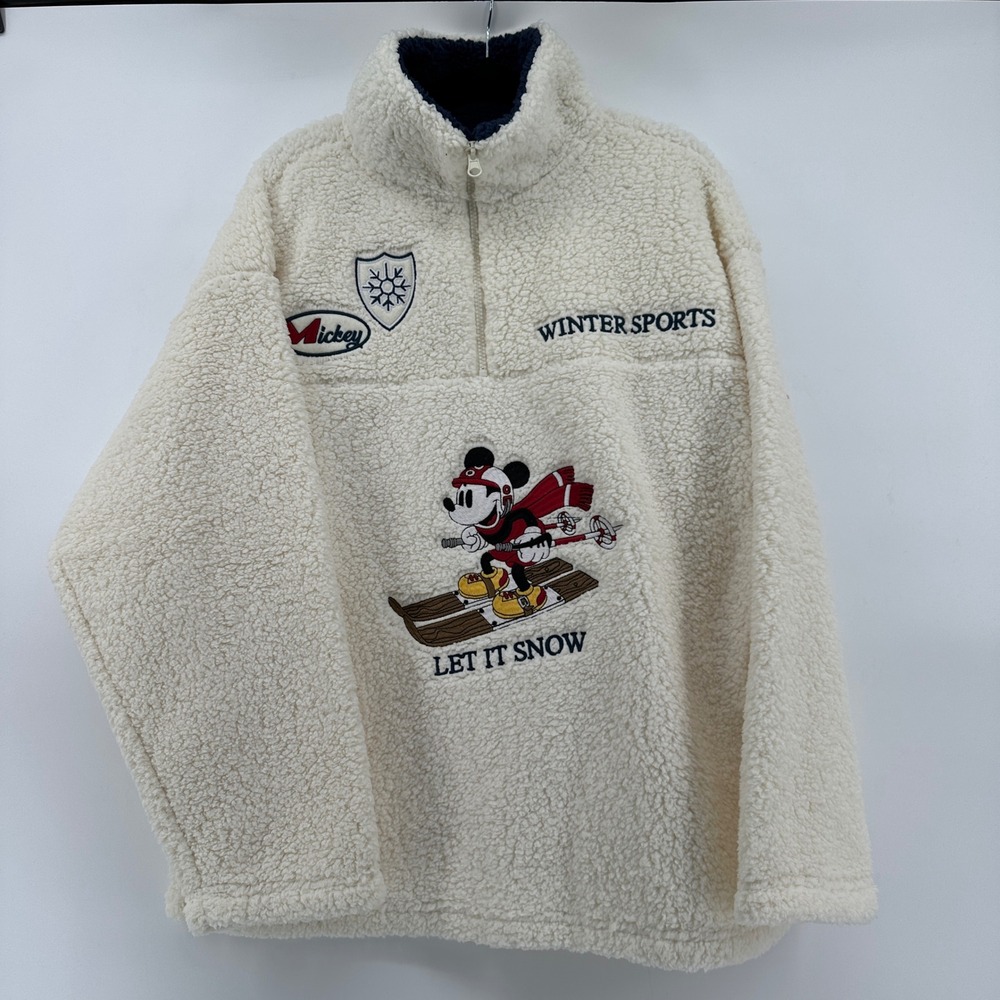 Disney Mickey Mouse Women XL Off White Winter Sports Sherpa Fleece Pullover NEW